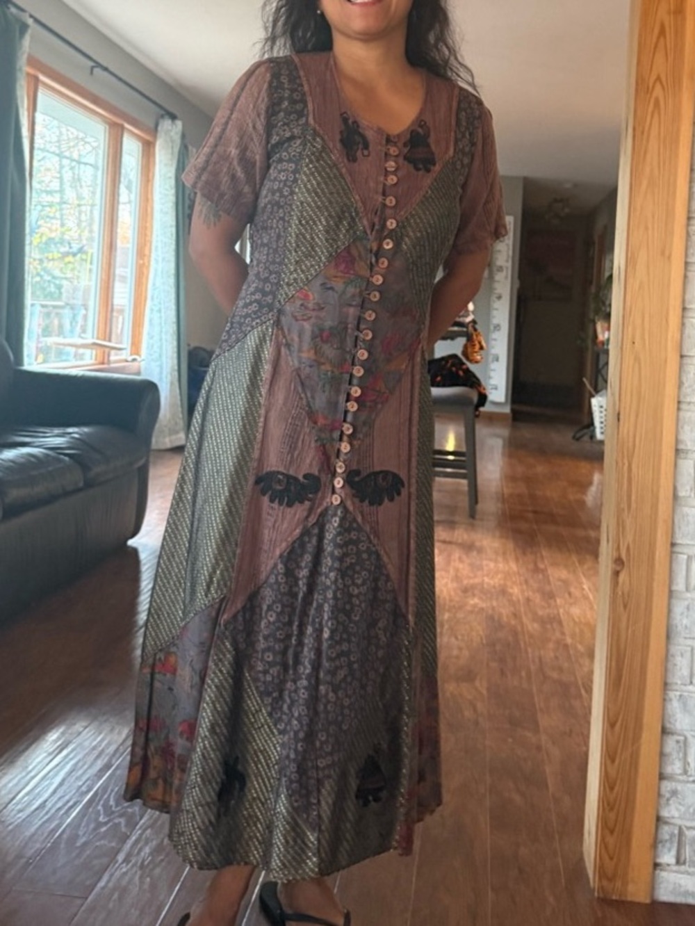 Vintage Floral Patchwork Dress Brown Green - Picture 2 of 11